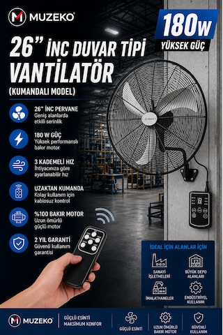 Muzeko Mzk650 26 Inç 65cm 180w Kumandalı Duvar Tipi Sanayi Vantilatör Evde Kullanım İçin Uygun Değildir