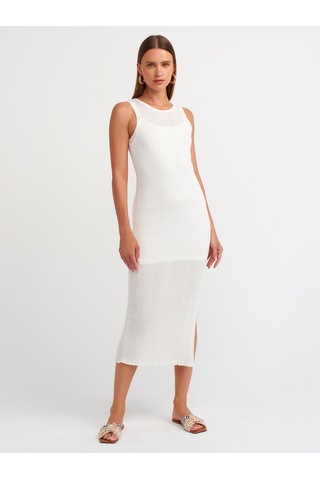 Dilvin Yırtmaç Detaylı İnce Triko Elbise Ekru