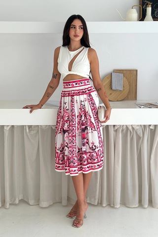 İthal Krep Kumaş Desenli Etek Pembe Mavi