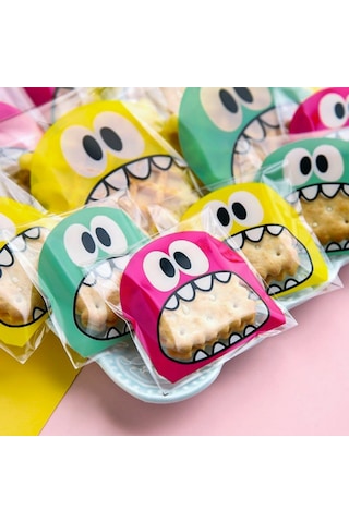 Bantlı şeffaf desenli poşet, canavar - 100 adet  Karışık