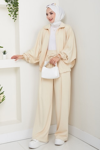 Bestenur Fermuarlı Oversize Takım 1595 - Bej Bej