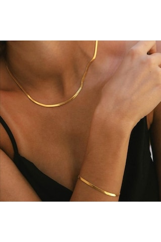 Gold Bileklik Kolye Takım Set İtalyan Ezme Çelik Zincir Kolye Bil Çok Renkli