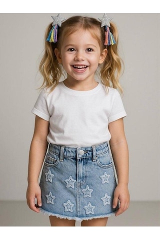 Kız Çocuk Yıldız İşlemeli Kot Etek-15823 Mavi