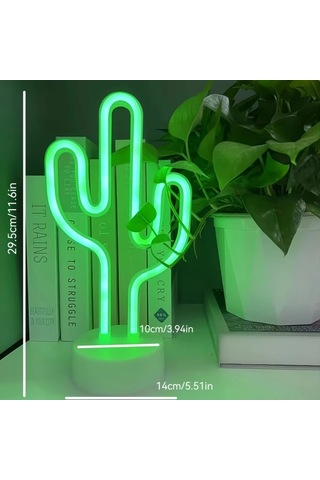 Honeybeeshop Pil İle Calisan Neon Kaktus Masa Lambasi Yesil 29.5x10x14 Cm Modern Plastik Uplight Anahtar Kontrolu Ev Ofis Kafe Dekoru Ideal Yeşil