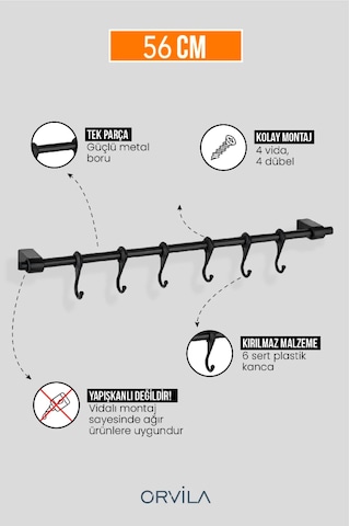Siyah Metal Mutfak Ve Banyo Askısı 6 Kancalı Askı Demiri 56 Cm Çubuk