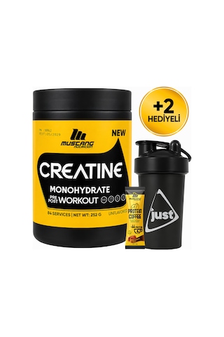Mustang Nutrition Creatine Monohydrate Kreatin 252 Gr 84 Servis + Shaker + Protein Kahve Hediyeli Aromasız