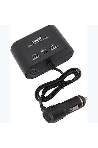 Şüscaroto Aksesuar Üniversal 3'lü Çakmak Soketi 120W Çakmaklık Çoğaltıcı 2 Usb 1 Type-c Araç Şarj Cihazı 12V/24V