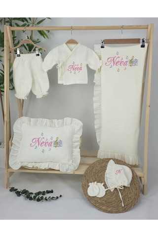 Gros Shop Müslin Yeni Doğan 4katlı Organik %100pamuk Kişiye Özgü Nakışlı Hastane Çıkış Seti Nota Model Ekru