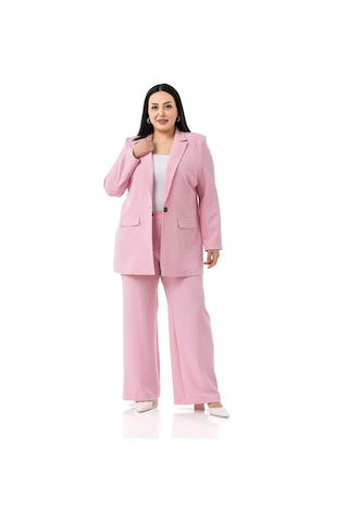 Büyük Beden Çizgili Pembe Ceket Pantolon İkili Takım Pembe