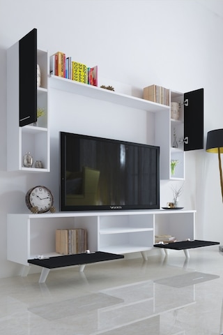 Moonlife Istanbul Dolaplı Kapaklı Tv Ünitesi Beyaz Siyah