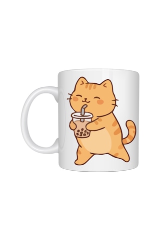 Sevimli Kedi Bubble Tea Tasarımlı Porselen Kupa Model 192 Boba Çayı İçen Kedi Kahve Kupası Kedi Severlere Diğer