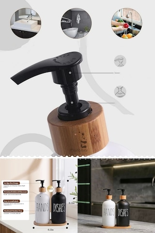 Hands Dishes 2 Li Siyah Beyaz Dekoratif Mutfak Banyo Sıvı Cam Sabunluk Seti 500ml Bambu Stantlı Set Siyah Beyaz