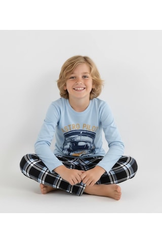 Vitmo Erkek Çocuk Uzun Kollu %100 Pamuklu Pijama Takımı Astro Pilot Mavi