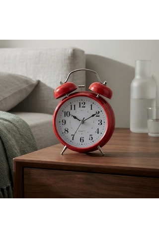 Çalar Saat 21 Cm Kurmalı Alarm Lı Çalar Saat Büyük Boy Retro Vintage Çift Çanlı Komodin Saati Kırmızı