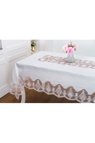 Finezza Sofia Lüx Dantelli Simli Keten Kumaş Krem Masa Örtüsü 160x220 Cm 1475