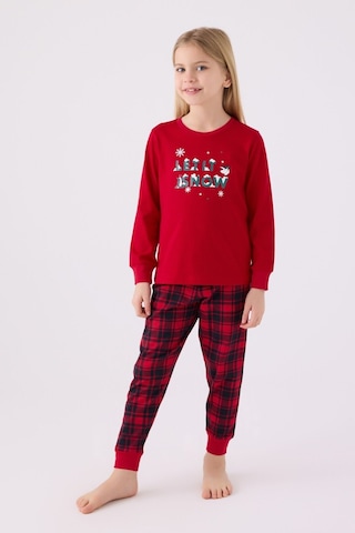 Kareli Kız Çocuk Uzun Kol Pijama Takım Kırmızı