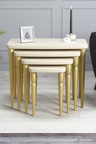 Imaj Mdf Ve Lake Boya, Krem 4lü Zigon Sehpa Takımı, Doğal Vernikli Gürgen Ayaklar Sehpalar Krem Ayaklar Gold