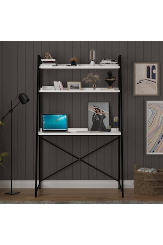Asra Trend Metal Kitaplıklı Çalışma Masası METALKÇM01 %100 MDF Raf Üniteli Beyaz