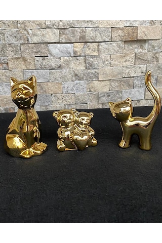 3'lü Kedi Köpek Kalpli Ayıcık Hediyelik Dekoratif Obje