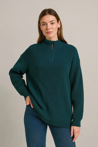 Hazego Kadın Yarım Fermuarlı Triko Kazak Selanik Örgü, Dik Yaka, Pamuklu Dokuma, Oversize Uzun Kollu Kışlık Model - Haki Haki