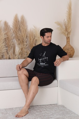 Sleeproom Erkek Rahat Pamuklu Yazlik Penye Siyah Alt Ekoseli Kaprili Pijama Takim Yeni Ürün Siyah