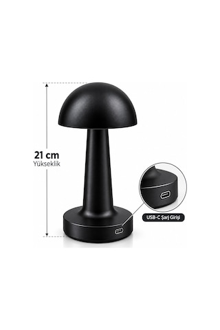 Siyah - Oval Dekoratif Masa Lambası Mantar Dokunmatik Usb - Type-c Şarjlı 3 Fonksiyon Renkli İ10-028 5671 Hemen Belirtilmemiş