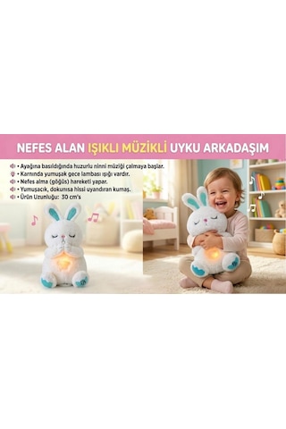Nefes Alan Işıklı Müzikli Uyku Arkadaşı Tavşan 30 Cm Ninni Söyleyen Göğsü Hareketli Uyku Oyuncağı Çok Renkli