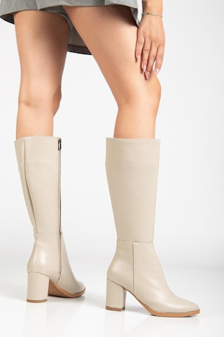 Kadın Topuklu Çizme Bej Suni Deri Sivri Burun-4209 Bej