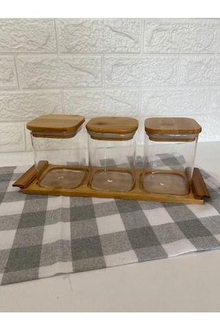 3 Lü Bambu Standlı Kare Kavanoz Seti Baharatlık Seti Baharatlık Bambu