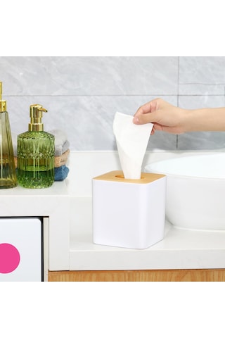 Shineyee Beyaz Bambü Masaüstü Kutu Kapağı - Banyo, Yatak Odası, Ofis İçin Organizasyon Kapaklığı 2 Adet Kare Beyaz