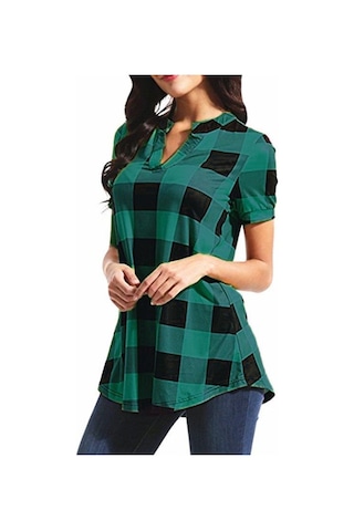 Hnxc Kadın Modası Rahat Yazlık Ekose Desenli Kısa Kollu V Yaka Bluzlar Ve Gömlekler Yeşil