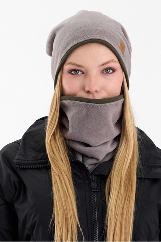 Butikgiz Kadın Dış Kısım Polar, İç Kısım Kaşkorse Pamuklu, Çift Renk, Çift Kat, Katlanabilir Bere Boyunluk Set Gri-haki