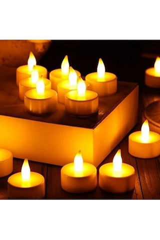 Ledli Mum Tealight Işıklı Dumansız Sarı Alevli Led Mum Pilli 12 Adet Pil Dahil Sarı