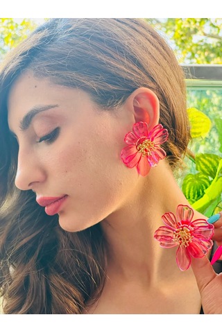 Çiçekli Mika Kadın Küpe 7 Cm Pembe