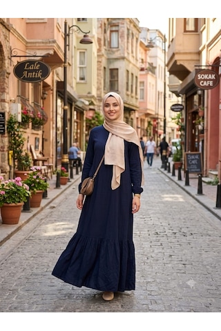 Kadın Düz Renk Dokuma Viskon Kumaş Uzun Tesettür Elbise Lacivert