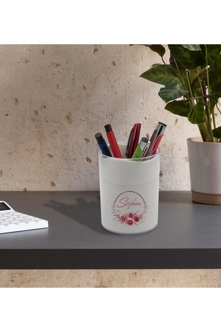 BK Gift Kişiye Özel Çiçek Tasarımlı Beyaz Akrilik Kalemlik - Mode