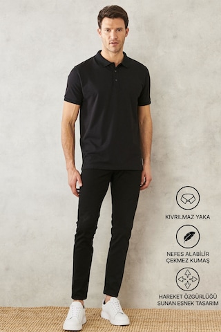 Erkek Çekmeyen Pamuklu Kumaş Slim Fit Dar Kesim Simsiyah Kıvrılmaz Polo Yaka T-shirt