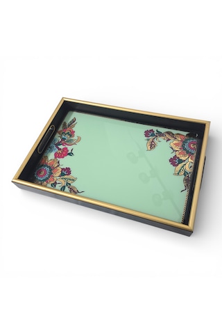 Sudedi Home Altın Çerçeveli Yeşil Floral Desenli Melamin Sunum Tepsisi 31x46 Cm Yeşil