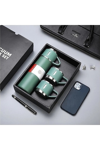 500 Ml Paslanmaz Çelik 3 Bardaklı Termos Set Yeşil