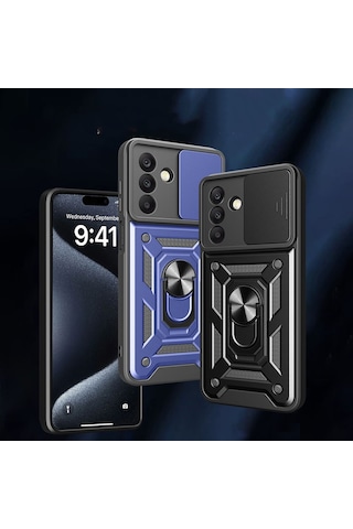 Vendas Samsung Galaxy Uyumlu A17 Kılıf Magnetik Standlı Kamera Korumalı Zore Sürgülü Vega Kapak Mavi