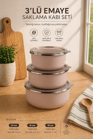 3 Lü Emaye Saklama Kabı Seti Vakumlu Kapaklı Ocakta Kullanılabilir Güz Gülü 14-16-18 Cm Pembe