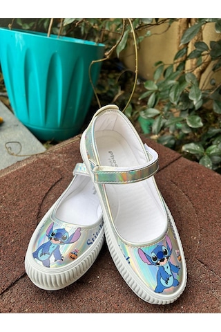 Scarpe Magiche Stitch Kız Çocuk Hologram Parlak Babet Cırtlı Ayakkabı 31-35 Numara Arası Işıksızdır Gümüş