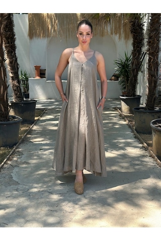 Yazlık Keten Askılı Oversize Elbise Camel