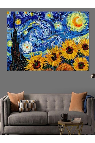Van Gogh Yıldızlı Gece Ayçiçekleri Dekoratif Kanvas - Mdf Ahşap Tablo