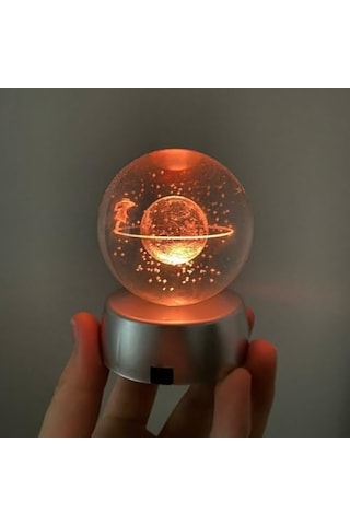Işıklı Cam Gece Lambası Küre Kristal Renk Değiştiren Led Işıklı Dekoratif Hediyelik Satürn Kızı Beyaz
