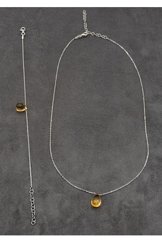 Doğan Diamond 925 Ayar Gümüş Altın Kaplama Doğal Sitrin Taşı Damla Set Kolye Ve Bileklik Bolluk Ve Bereket li Minimalist Tasarım Gümüş