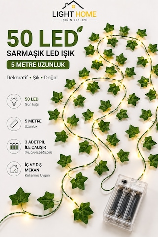 Yapay Sarmaşık Led Işık Dekoratif Işıklı Sarmaşık Led Oda Duvar Yatak Odası Parti Yılbaşı Dekoru 5 Metre 50 Led Sarı