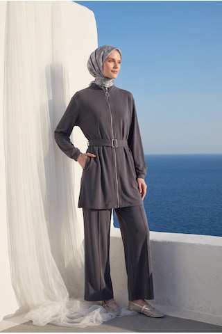 Armine Trend Boydan Fermuarlı Beli Kemerli Pantolonlu İkili Takım Lacivert 26yt6138