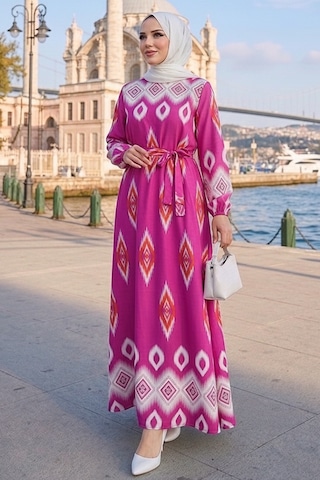 Bestenur Alera Desenli Viskon Elbise 1720 - Pembe