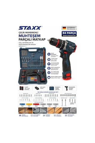 Staxx Brsl182lı 18v Li-ion Şarjlı Matkap Çelik Mandrenli 84 Parça Ahşap Metal Beton Delme Seti Çanta